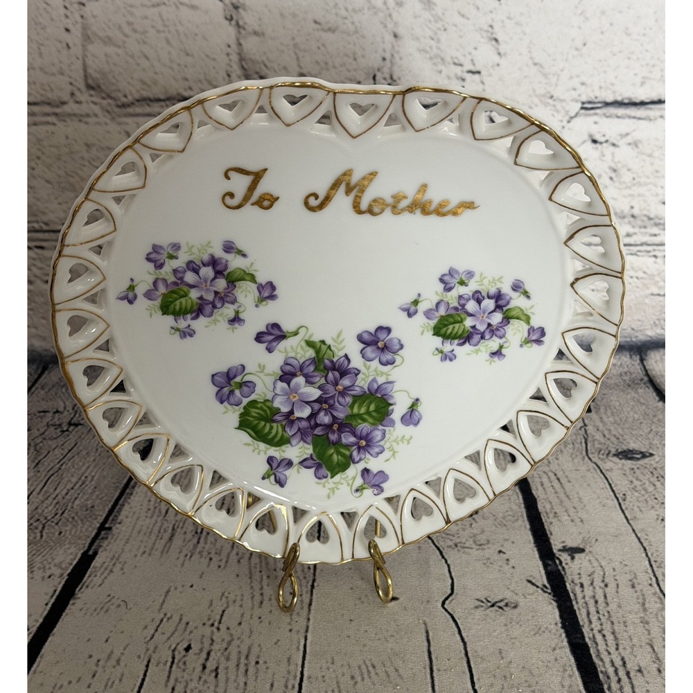 VTG 1950s Lefton China "To Mother" Heart Shape Pierced Lace Wall Plate Violets